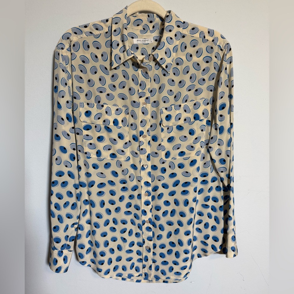 Equipment Femme Silk Button Down Blouse Blue Cream Classic Parisian Chic Shirt S